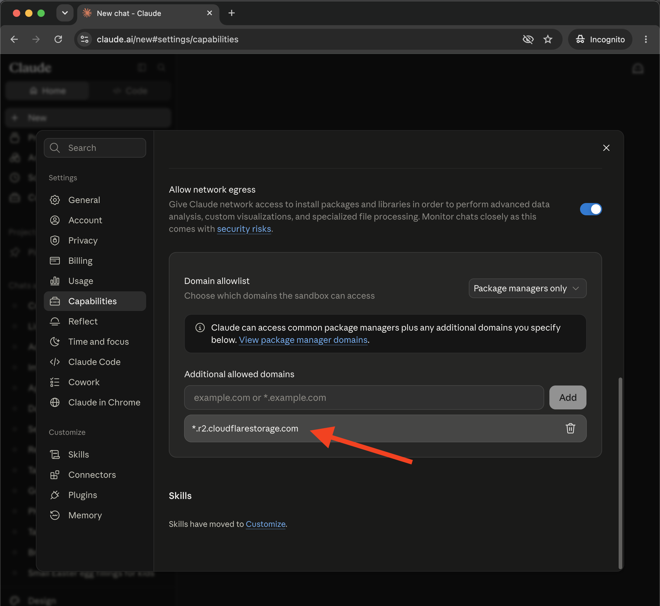 Claude settings with network access on and the Mallary upload domain added.