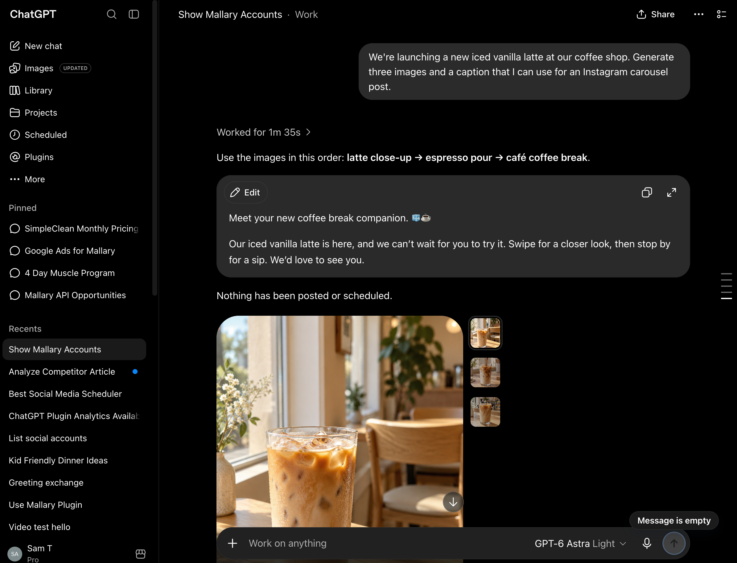 ChatGPT showing images and a caption for an Instagram carousel about an iced vanilla latte.