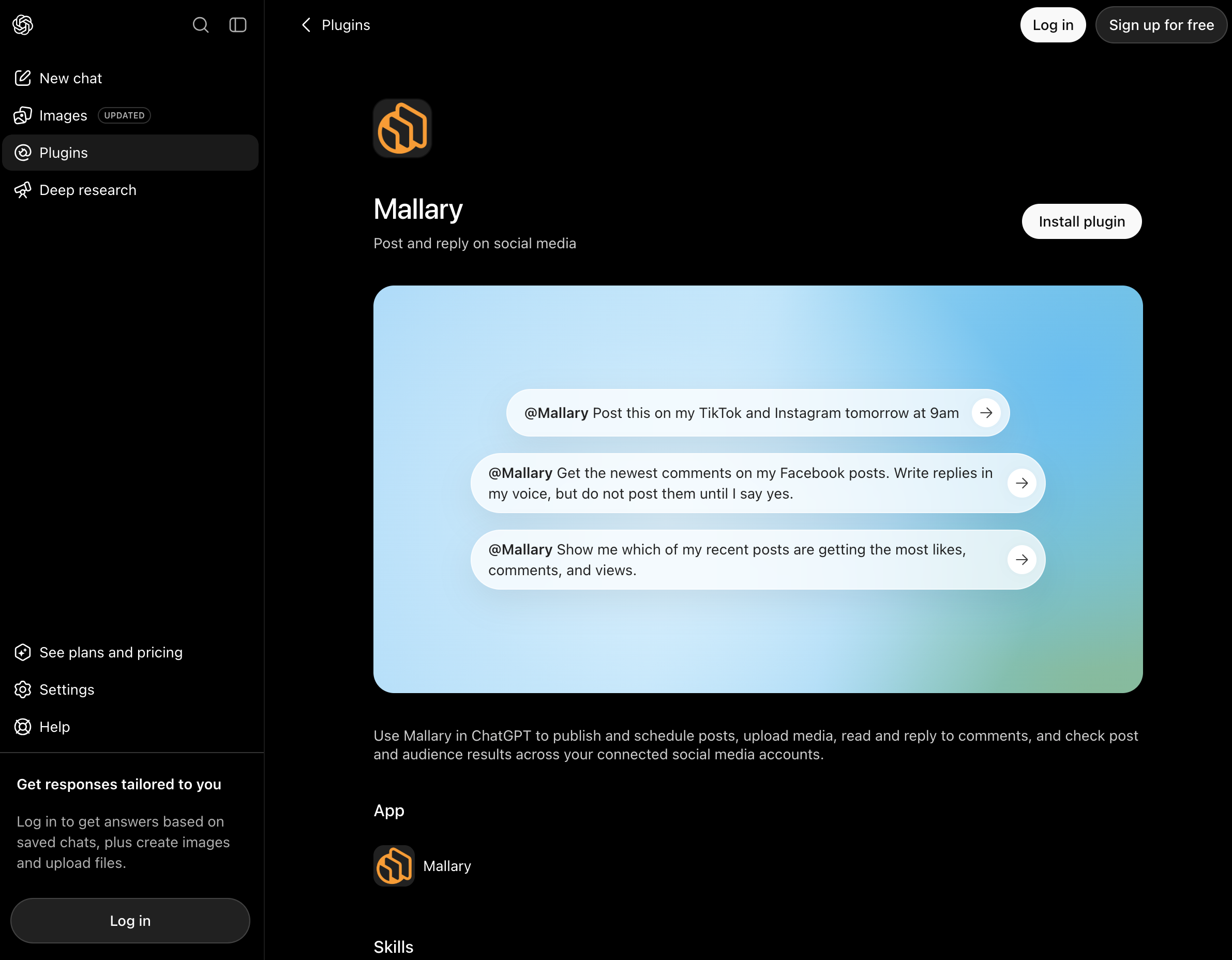 The Mallary plugin page in ChatGPT, with the Install plugin button.