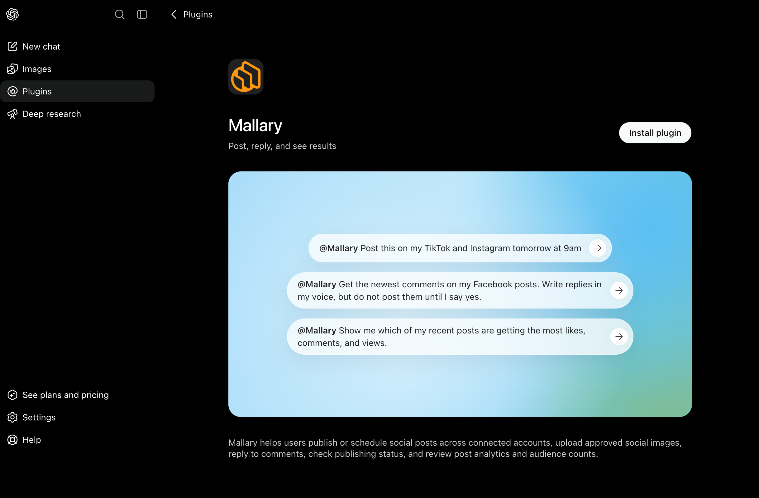 Mallary plugin install page in ChatGPT