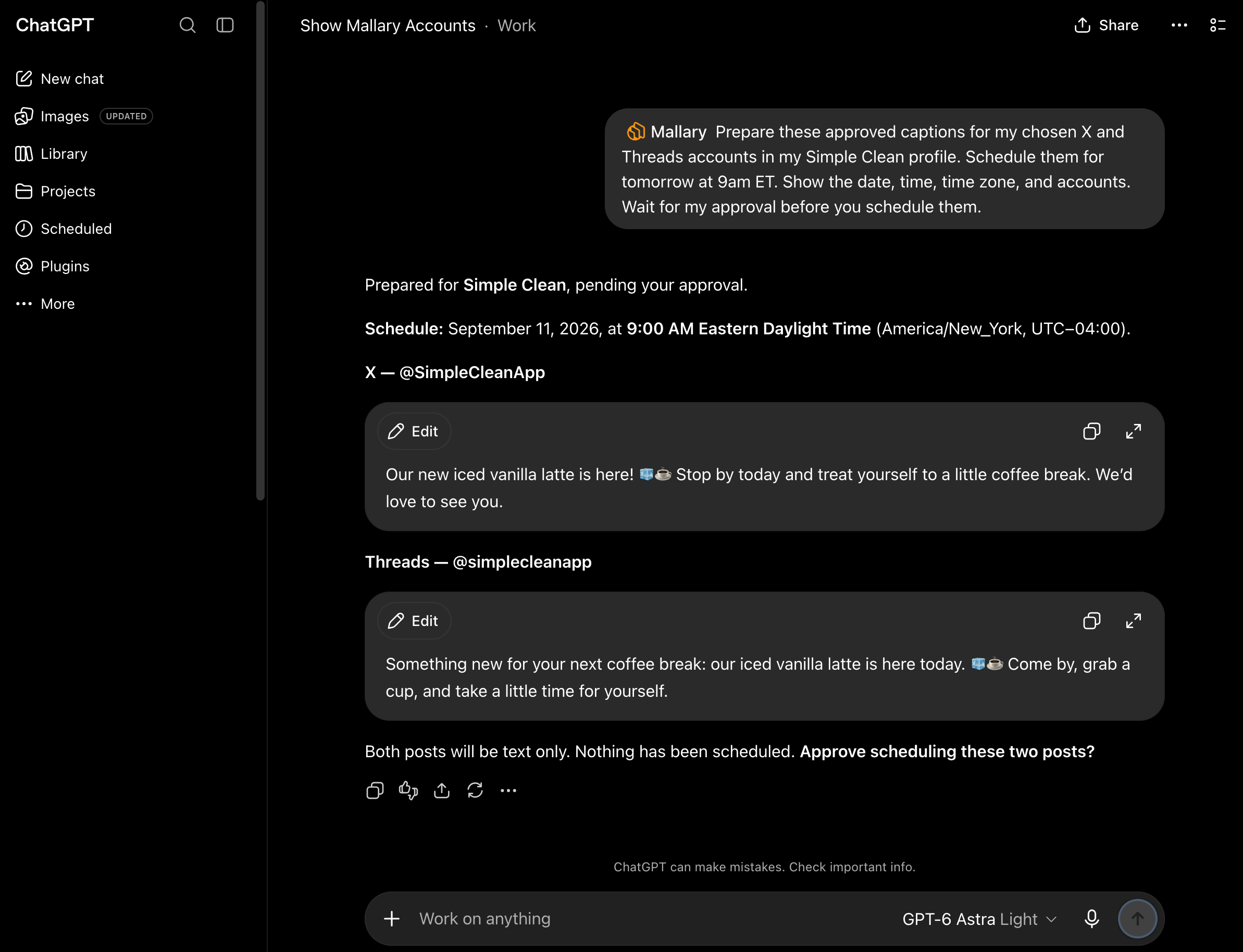 ChatGPT showing posts for X and Threads with a date, time, and time zone, ready for approval.