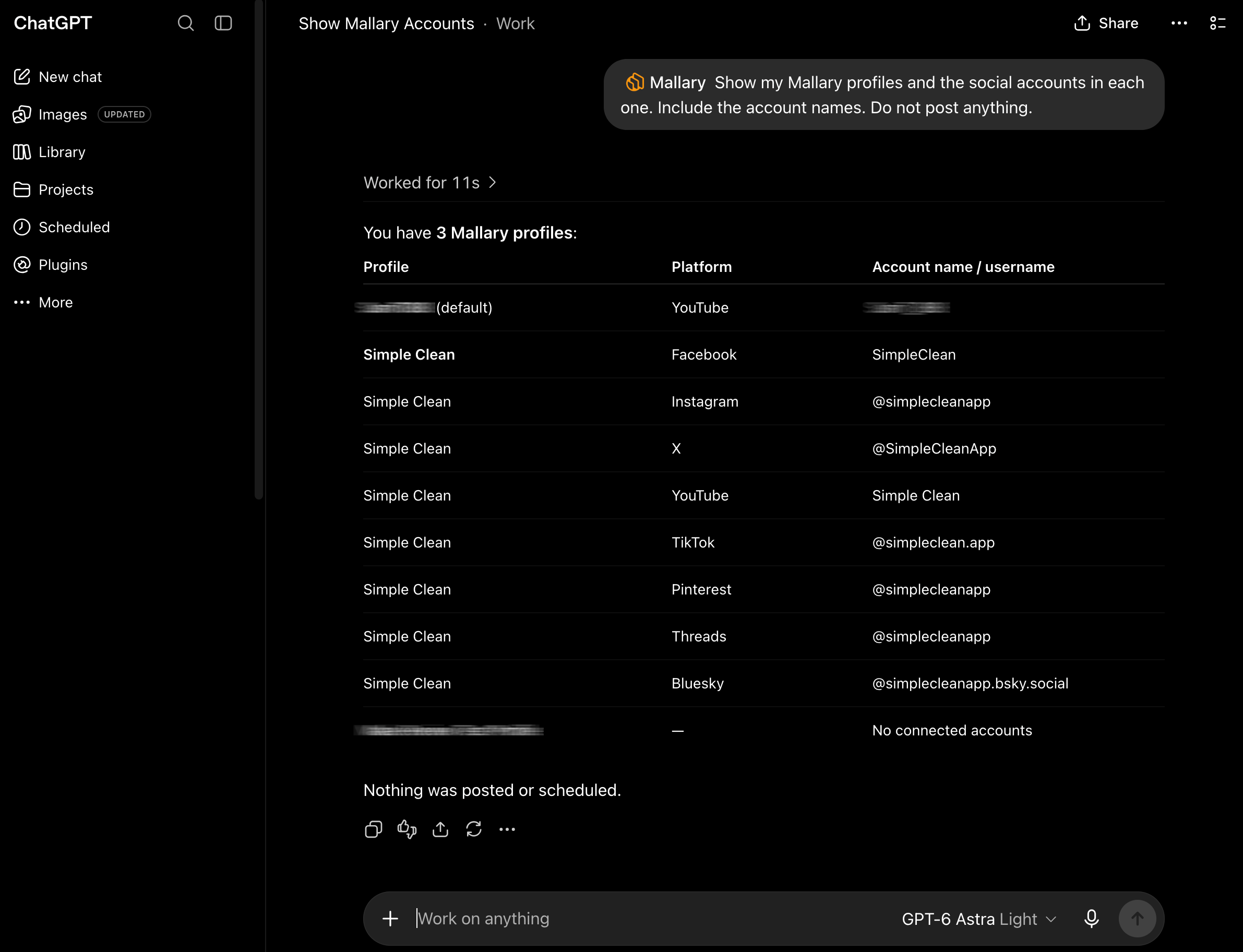 ChatGPT showing Mallary profiles and their connected social accounts.