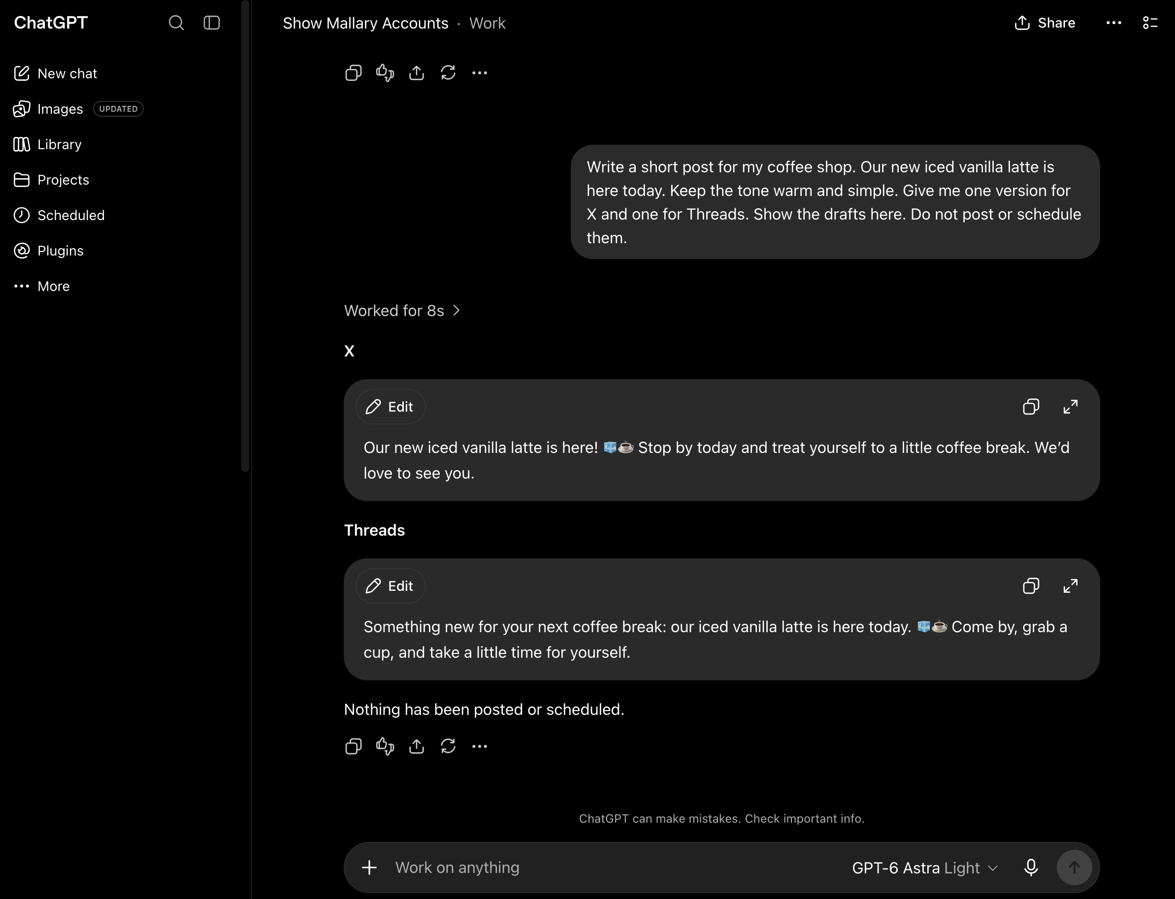 ChatGPT showing draft posts for X and Threads before publishing.