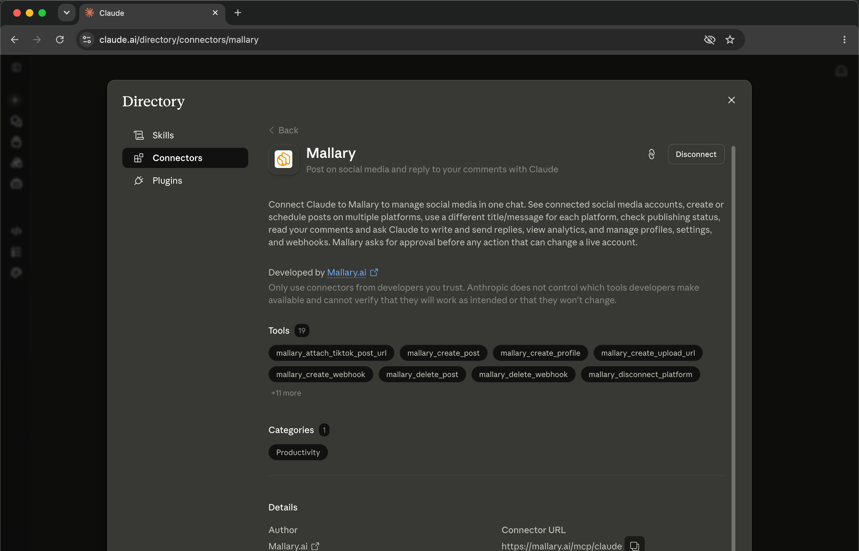 Mallary connector page in the Claude Connector Directory