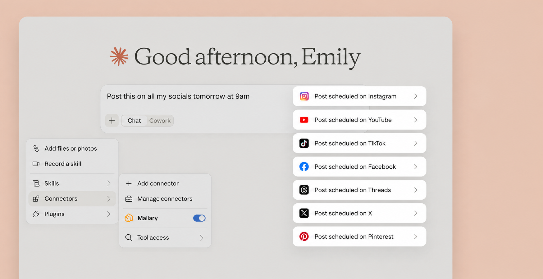 Claude scheduling social media posts with Mallary