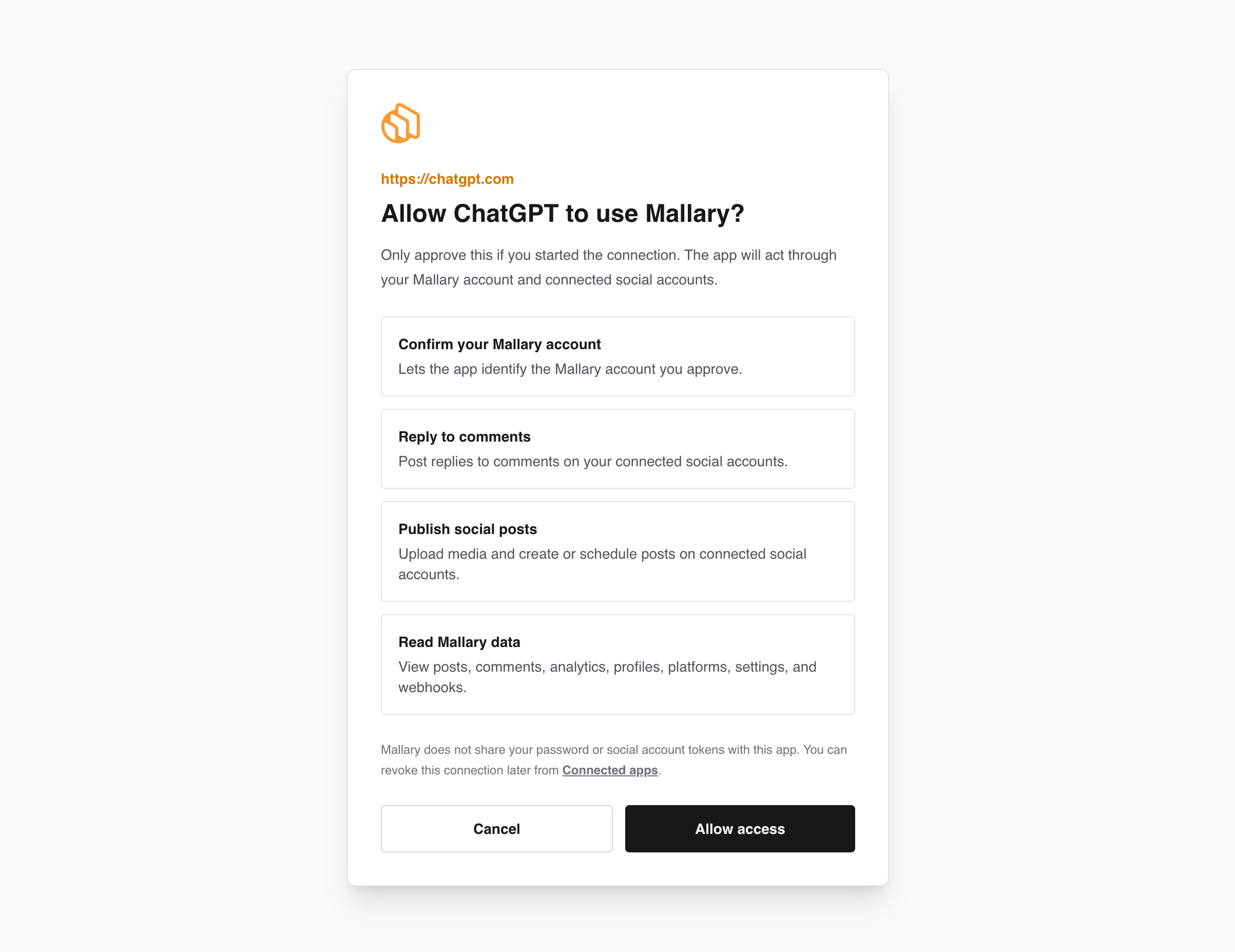 The Mallary access screen, with the Allow access button.