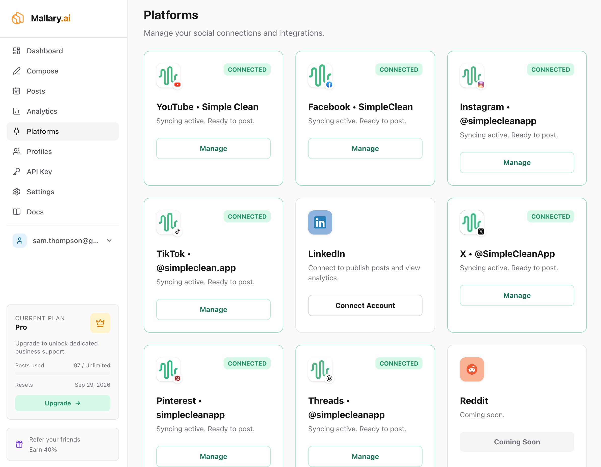 Connected social media accounts on the Platforms page in Mallary.