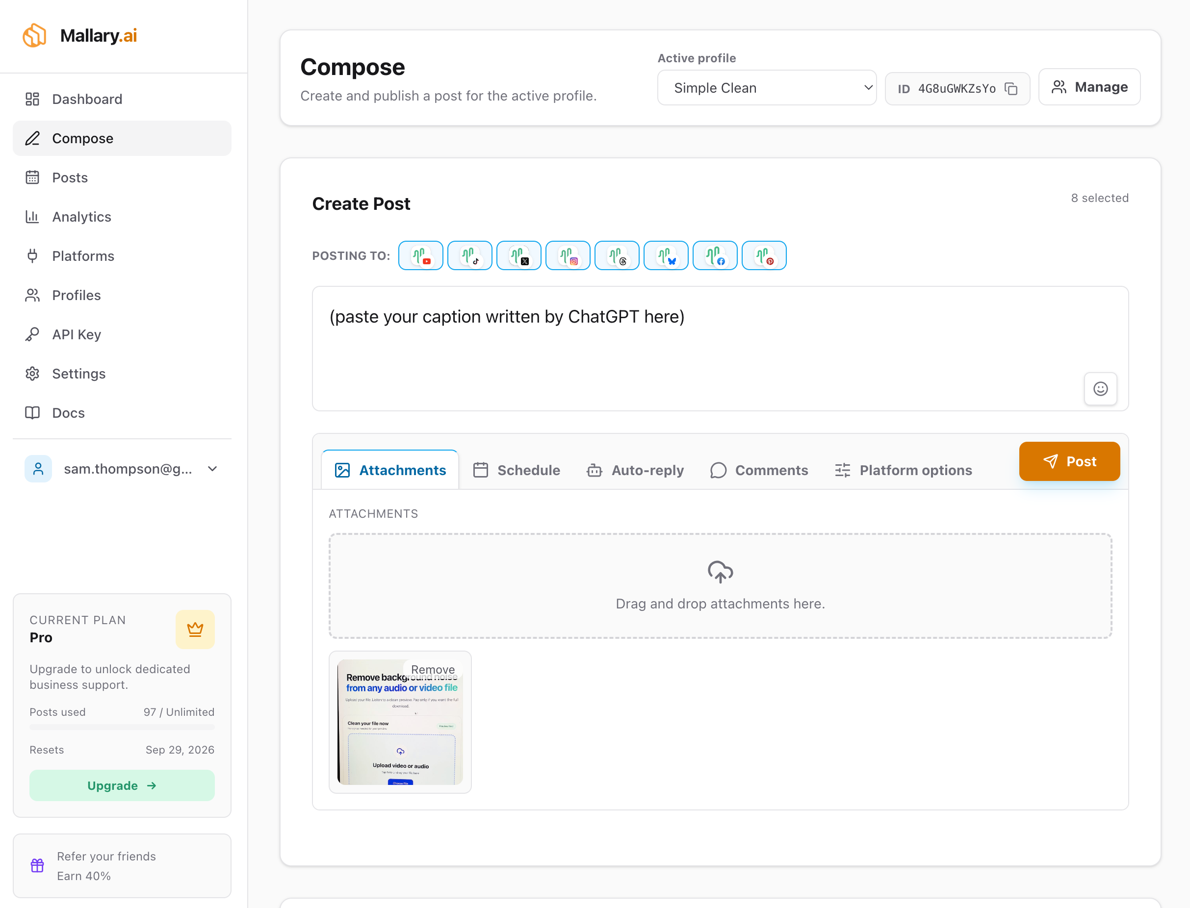 The Mallary composer with selected social accounts, a caption box, and an attached video.